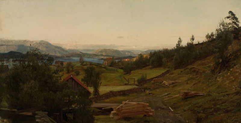Aften, Stord de Amaldus Nielsen, óleo sobre tela que retrata colinas ao crepúsculo.