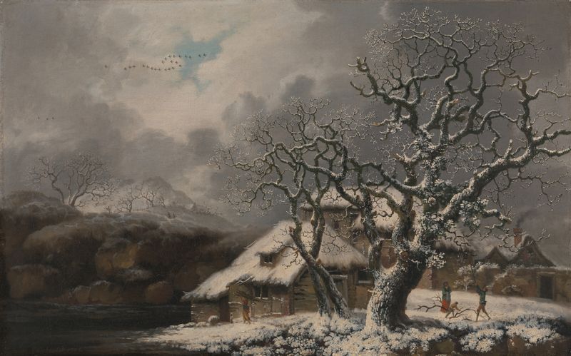 A Winter Landscape by George Smith, oil painting depicting a snow-covered path and serene winter sky.