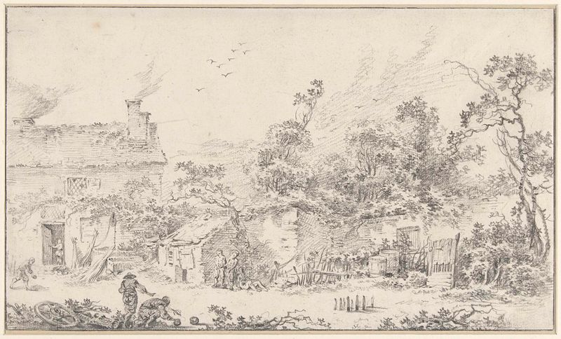 Rococo landscape by Jean Baptiste Pillement depicting a residence in a forest clearing