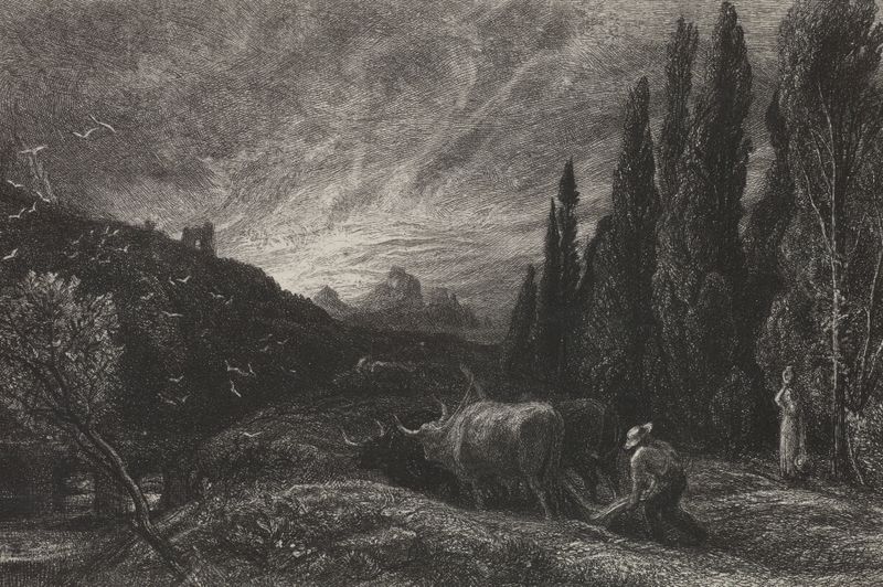 The Early Ploughman, oil on canvas by Samuel Palmer, depicts a figure in a misty dawn landscape.