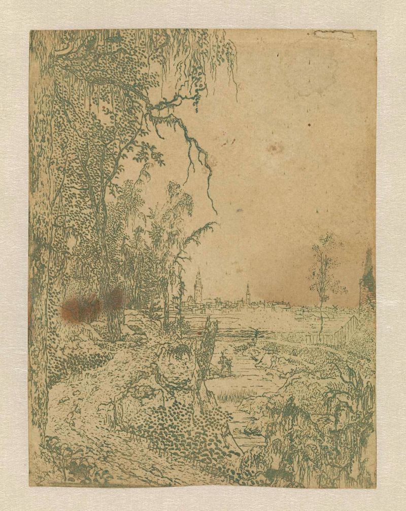 Uma estrada ladeada por árvores com uma cidade ao fundo, gravura de Hercules Segers