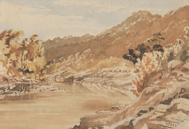 Coal mine and Brunnerton, River Grey by William Marshall Cooper, oil painting depicting a rugged landscape.