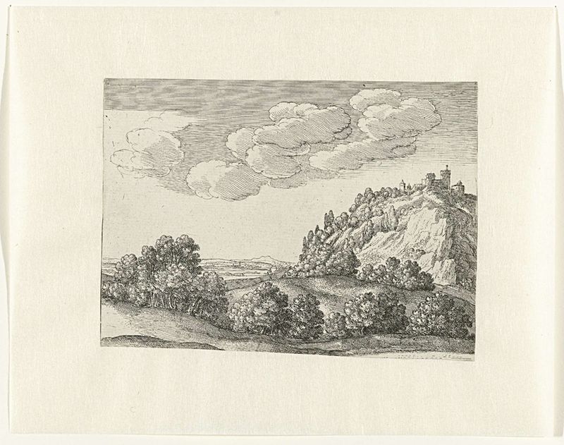 Landschap met een kasteel op een heuvel, grabado de Wenceslaus Hollar, que representa un castillo en colinas.