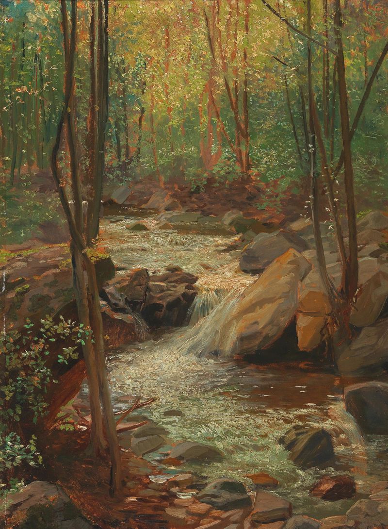 Woodland Stream by Alexander Demetrius Goltz, oil on canvas depicting a serene forest stream