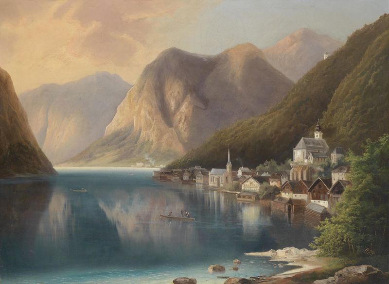 Landscape view of Hallstatt, oil on canvas by Gustav Barbarini