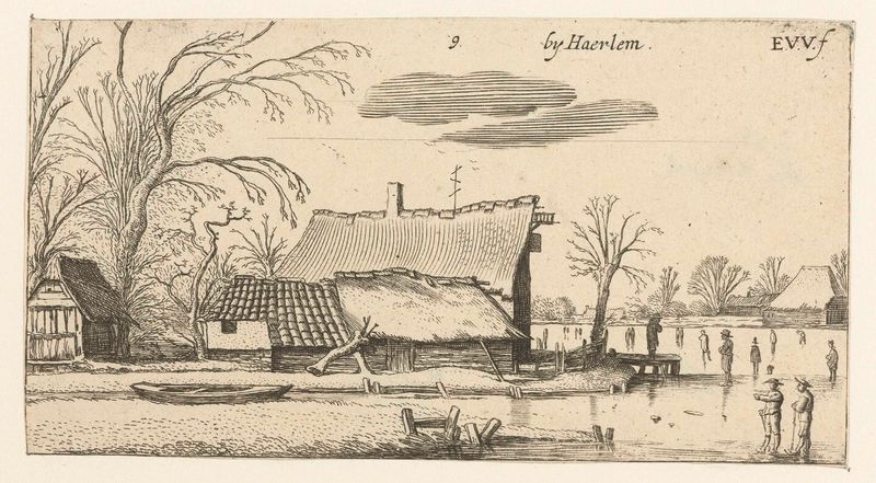 Boerderij bij een bevroren rivier met schaatsers, etching by Esaias van de Velde