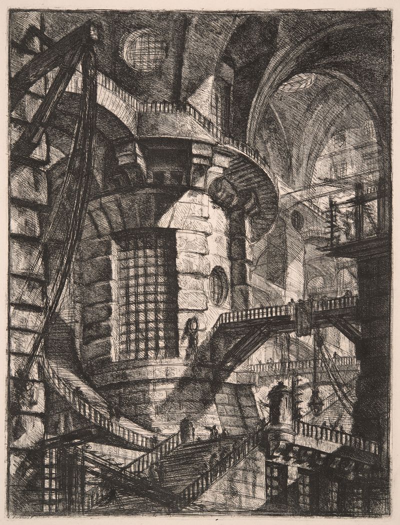 Engraving of The Round Tower by Giovanni Battista Piranesi, featuring intricate arches and columns.