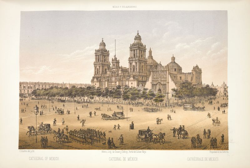 Cathedral of Mexico by C. Castro, oil painting depicting intricate stonework and façade