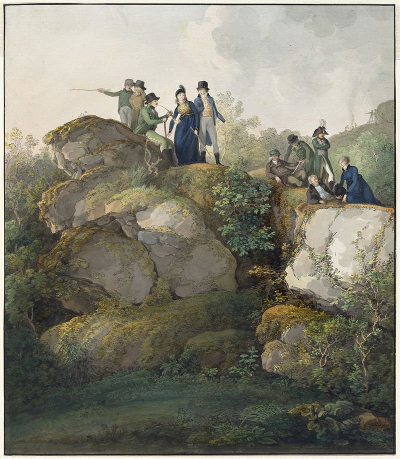 A Royal Party Admiring the Sunset atop the Hesselberg Mountain, óleo sobre lienzo de Johann Georg von Dillis