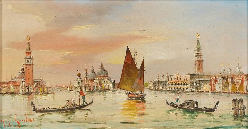 Venice, in the Bacino San Marco by Marco Grubacs, oil on canvas depicting water and sky reflections.