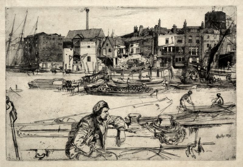 Black Lion Wharf by James Abbott McNeill Whistler, oil painting depicting boats in twilight.