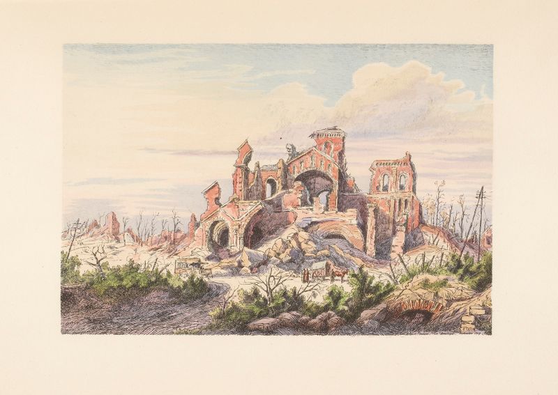 Les ruines de Notre-Dame de Brébières by E. Tatin, oil painting depicting crumbling architecture.