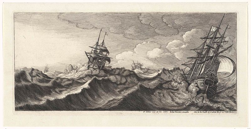 Oorlogsschepen in een zeestorm, gravura de Wenceslaus Hollar mostrando navios em um mar turbulento