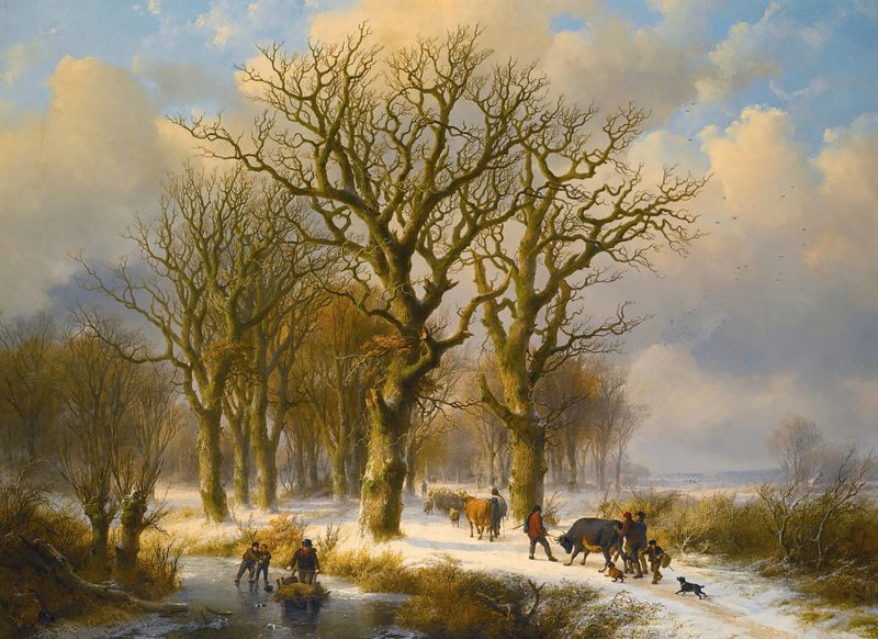 Winter landscape with cattle drivers, oil on canvas by Johann Bernhard Klombeck