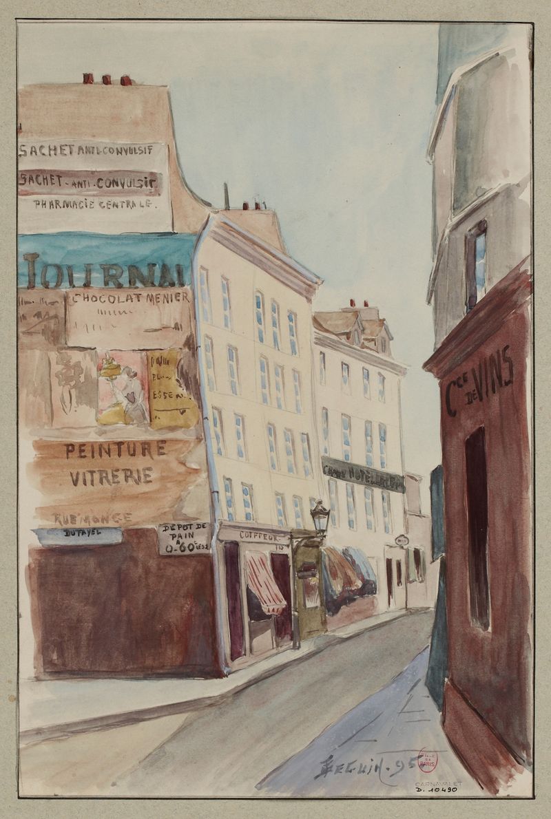 Rue Lacépède by F. Séguin, oil on canvas depicting a Parisian street with light and shadow.