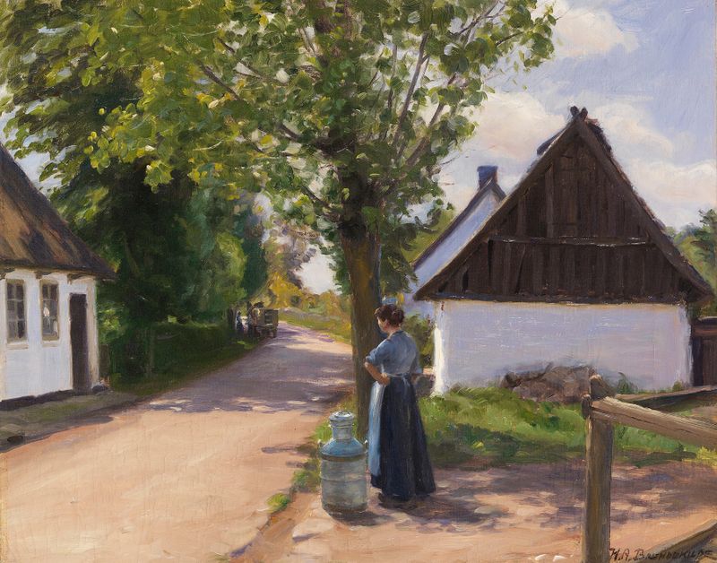Landscape oil painting by Hans Andersen Brendekilde depicting a village surrounded by greenery