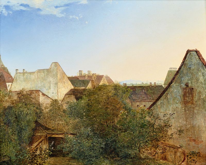 Landscape of suburban houses in oil on canvas by Adalbert Stifter