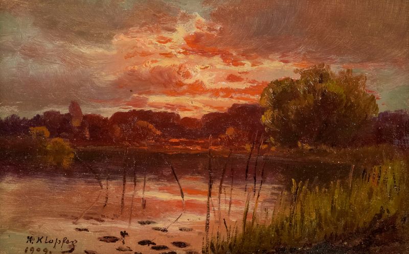 Landscape at sunset by Karol Klopfer, oil on canvas depicting a vibrant sunset over a tranquil landscape.
