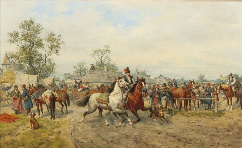 Horse Market in Poland, oil on canvas by Ludwig Gedlek