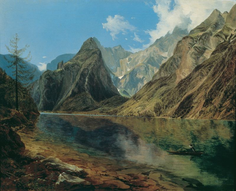 Der Königssee mit dem Watzmann by Adalbert Stifter, oil painting depicting a serene lake and mountains.