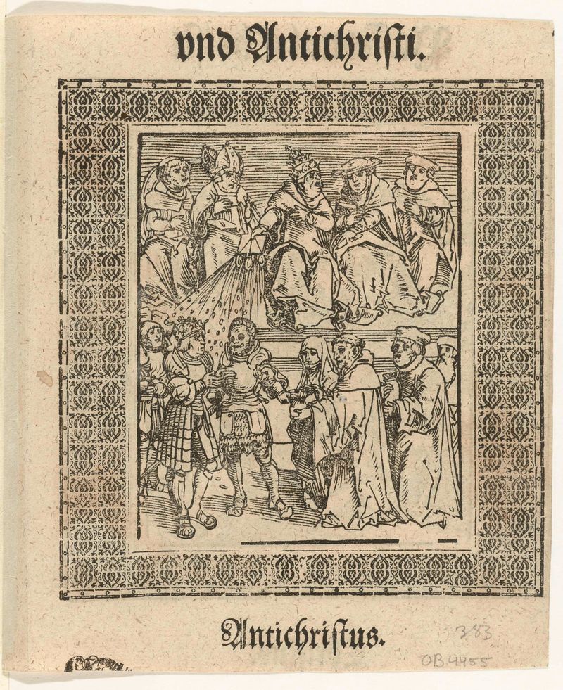 Religious etching by Lucas Cranach depicting a pope raising his hand in a solemn gesture.