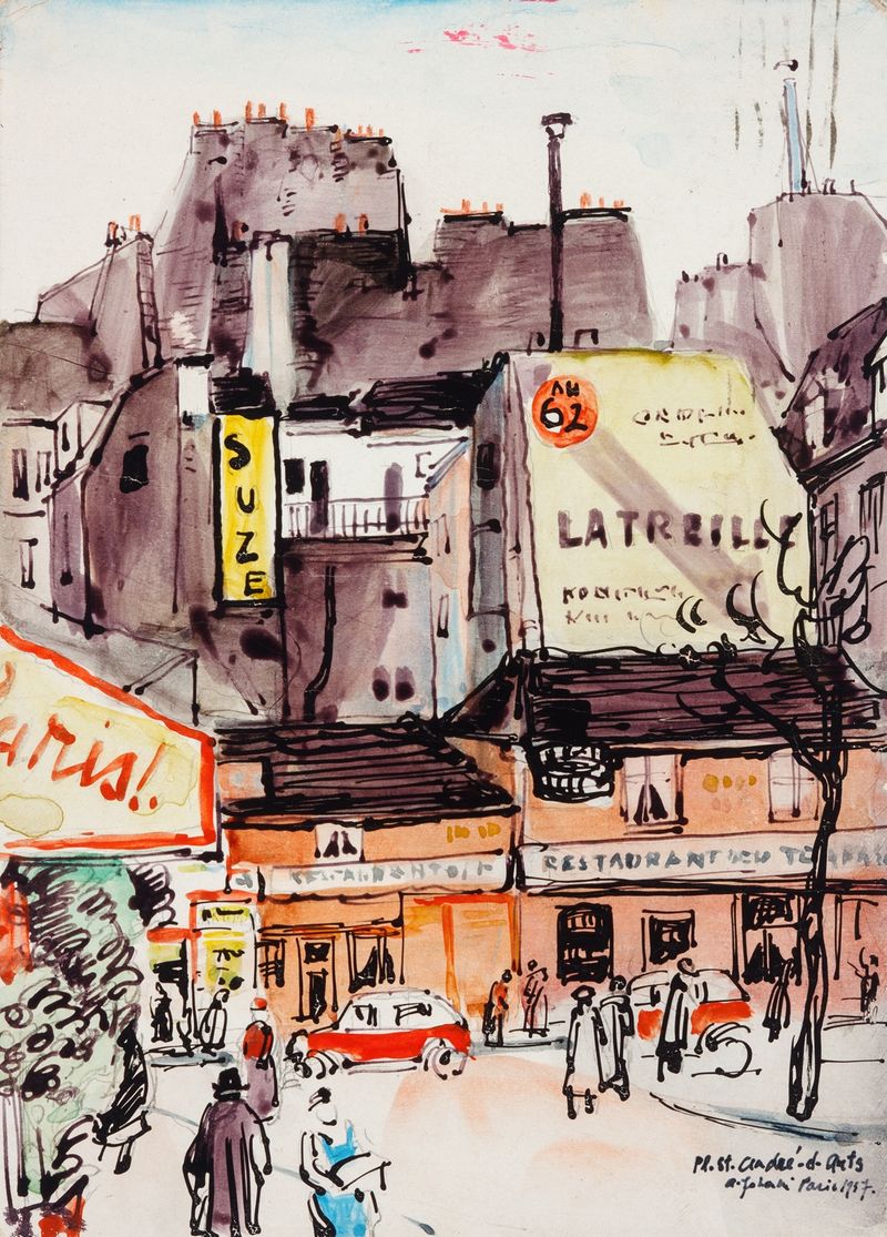 Pariisi motiiv by Andrus Johani, oil on canvas depicting a Parisian street with vibrant colors.
