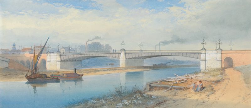 Iron Bridge on the Outskirts of an Industrial Town, oil painting by Thomas Charles Leeson Rowbotham