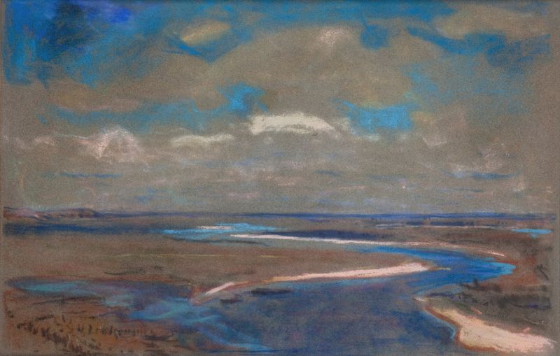 Dniepr de Jan Stanisławski, óleo sobre tela que retrata uma paisagem fluvial tranquila.