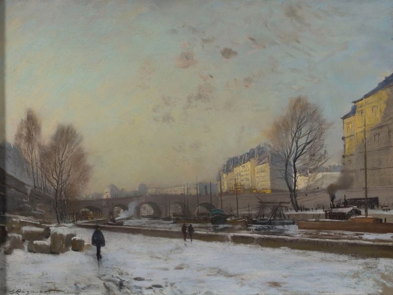 Le Pont-Neuf, berge du quai des Grands Augustins by Emile Cagniart, oil on canvas depicting a serene Parisian landscape.