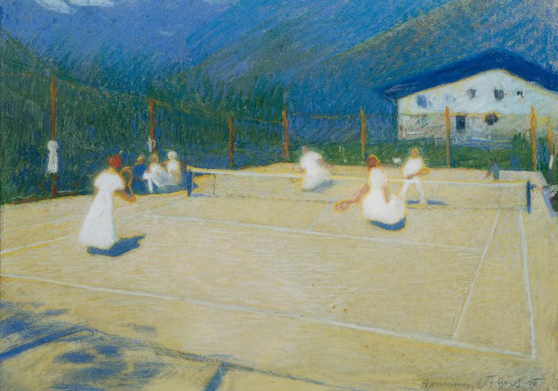 Tennisplatz In Gossensass, óleo sobre tela de Ludwig Ferdinand Graf, apresentando um vibrante campo de tênis.