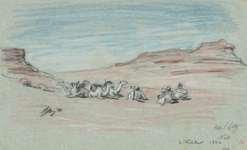 Nile Journey, No. 20 de Elihu Vedder, óleo sobre lienzo que representa un paisaje fluvial tranquilo.