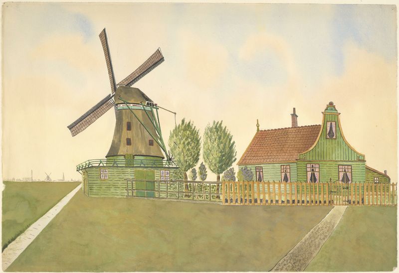 Paisaje con un molino contra un cielo apagado de Johannes Nicolaas Eijman, pintura al óleo