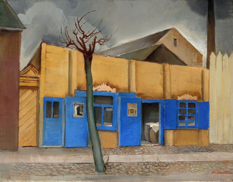 Small shops de Michał Rouba, escena de género, que representa una calle pintoresca con tiendas en tonos tierra.