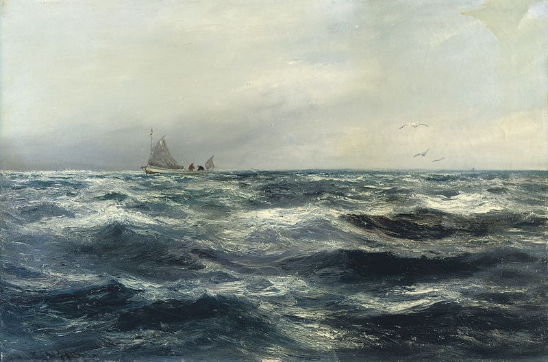 Marine scene with a working boat near the coastline, oil painting by Charles Napier Hemy
