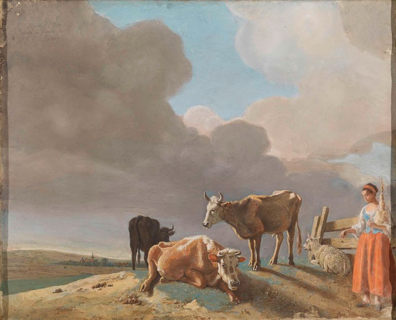 Landschap met koeien, schapen en herderin, parchment by Jean-Etienne Liotard