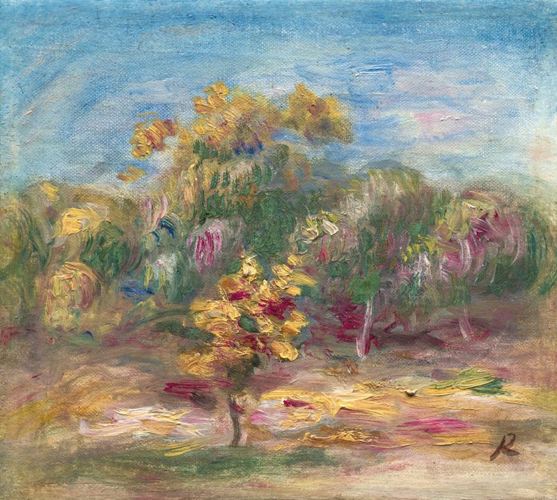 Paysage, les arbres de Pierre-Auguste Renoir, óleo sobre tela que retrata árvores e luz do sol.