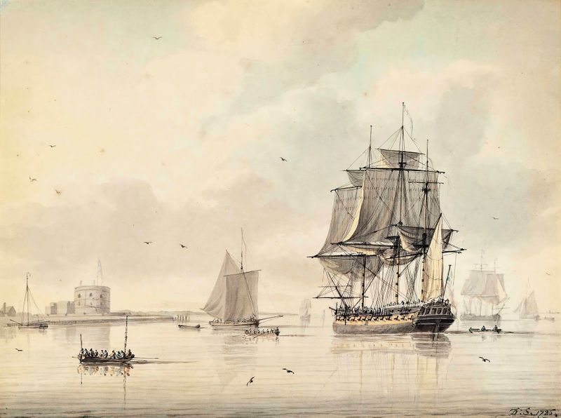 A Royal Navy frigate drying her sails off Calshot Castle, oil on canvas by Dominic Serres