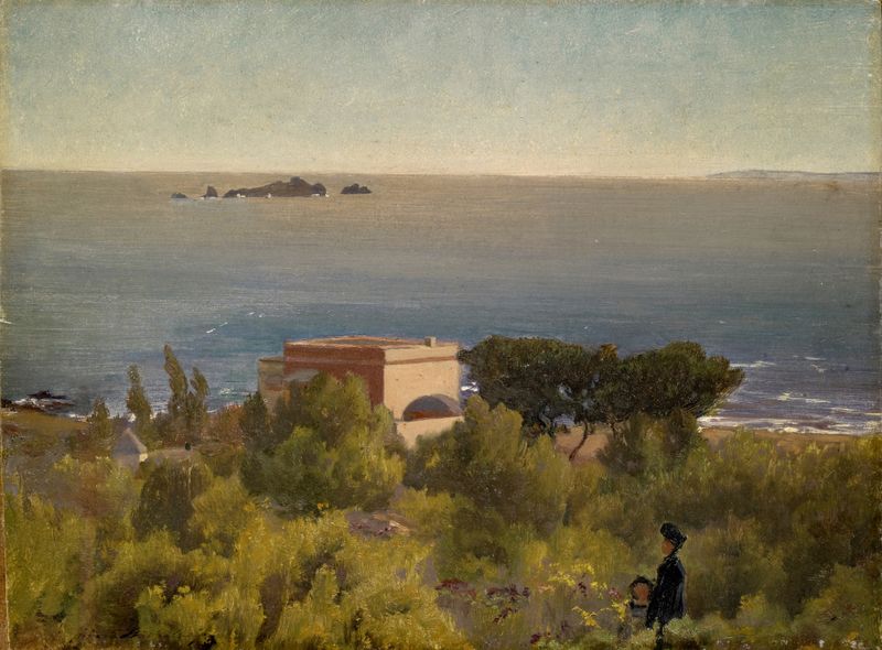 Mansion at the Seashore by Ernst Stückelberg, oil on canvas depicting a grand mansion by the sea at sunset.
