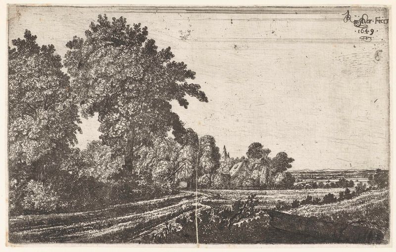 Landscape etching by Jan Ruyscher featuring trees and a pathway