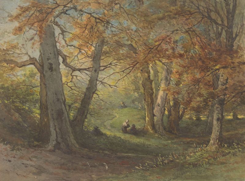 Paisagem de Maria Vos, óleo sobre tela representando uma floresta e um rio ao crepúsculo.