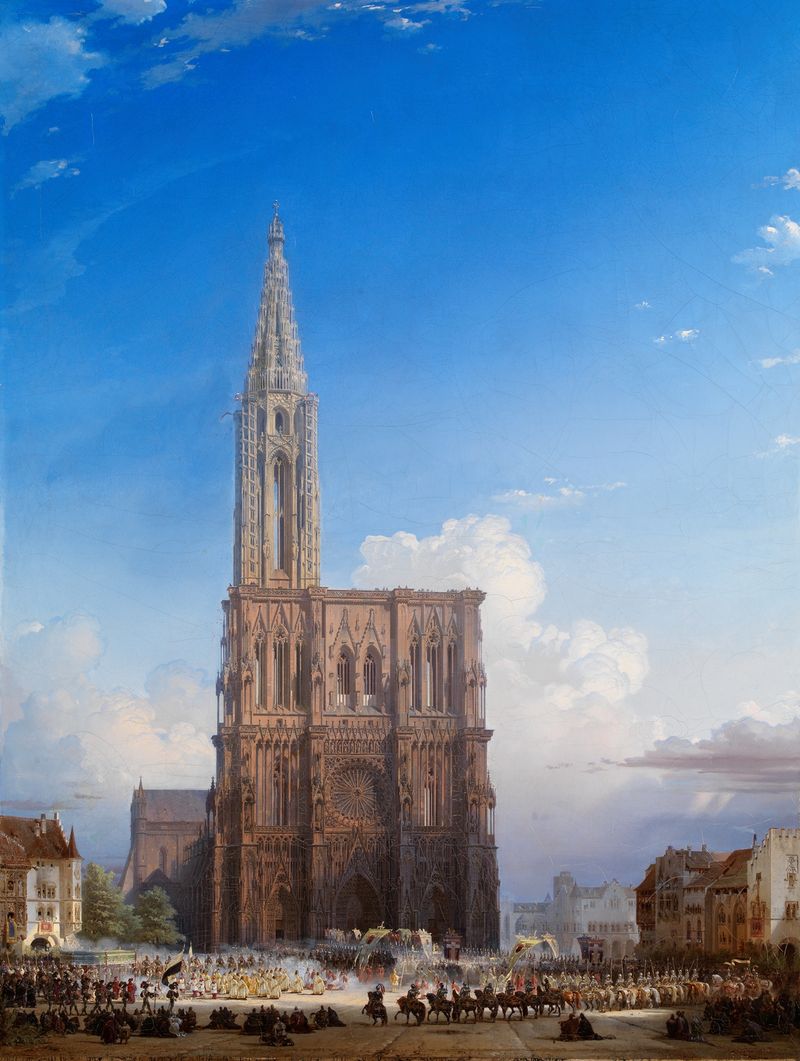 Gothic cathedral façade by August von Bayer, intricate spires and light play