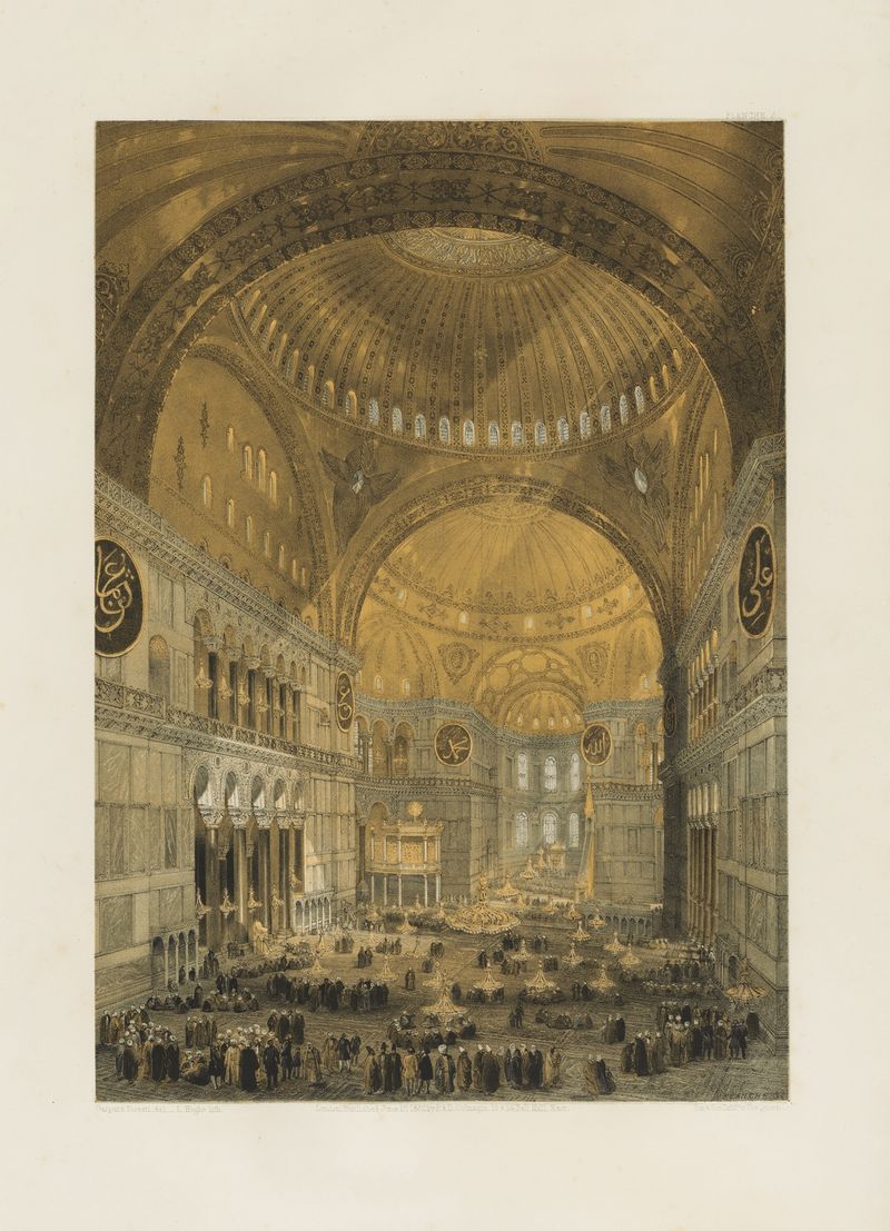 Engraving of Aya Sofia, Constantinople by Gaspare Fossati, featuring its grand dome and interior.