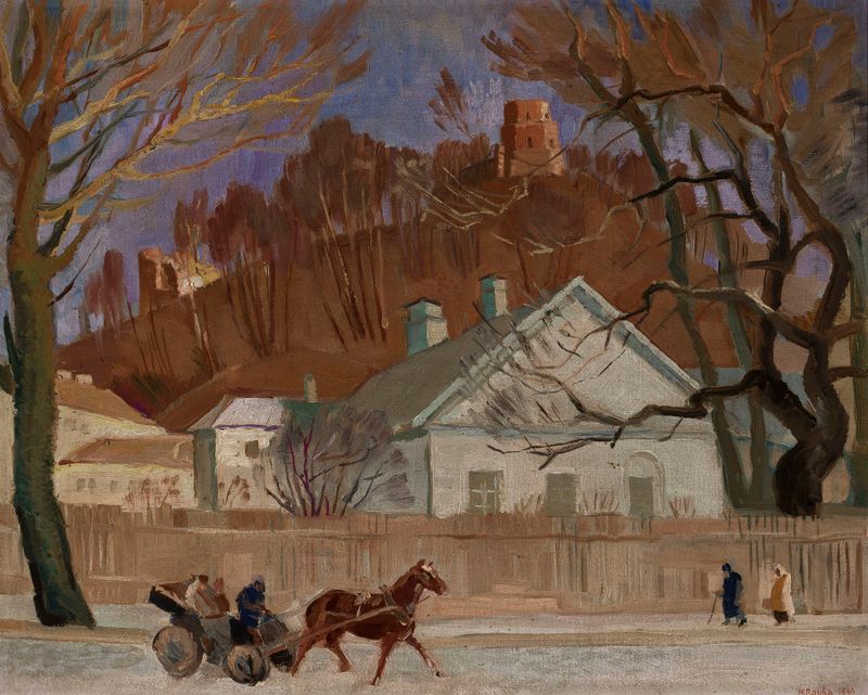 Gediminas Mountain in Vilnius by Michał Rouba, oil painting depicting a mountain under a turbulent sky