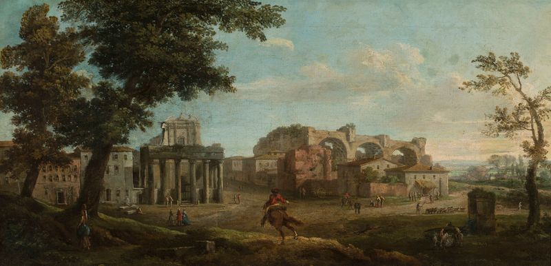 Paisagem de Roma por Paolo Anesi, óleo sobre tela, com ruínas e arquitetura sob um céu azul.
