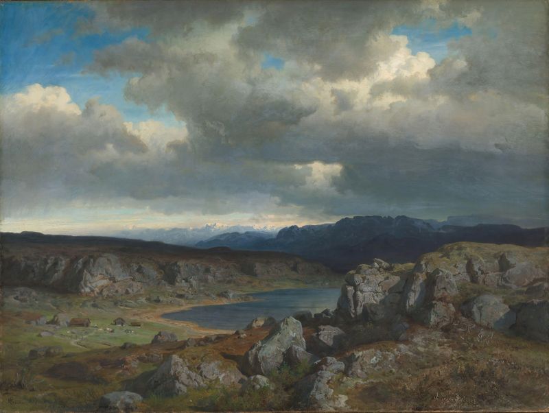 Norwegian Highlands by Hans Gude, oil painting depicting rugged mountains and a moody sky