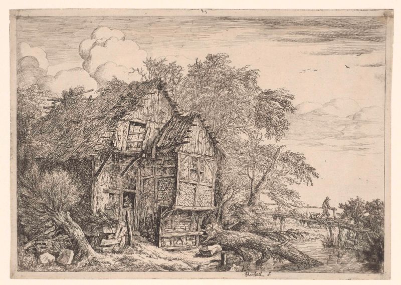 De kleine brug, grabado de Jacob Isaacksz van Ruisdael, mostrando un puente sobre un arroyo serpenteante.