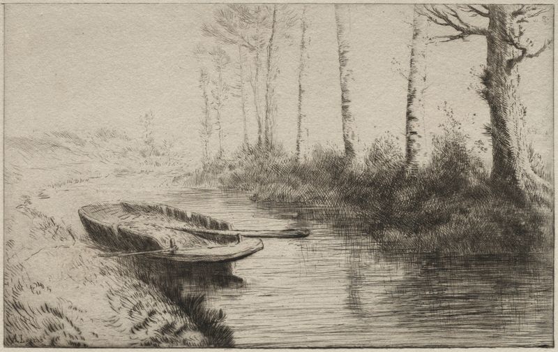Óleo sobre lienzo de Alphonse Legros que representa un canal por la mañana con reflejos y luz suave.