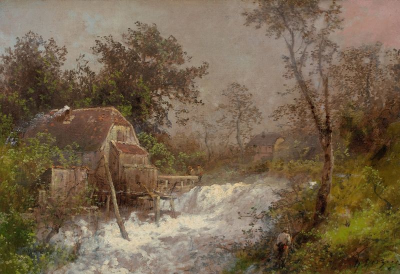 Landscape of The Old Mill by Hermann Ottomar Herzog, oil painting featuring water and trees