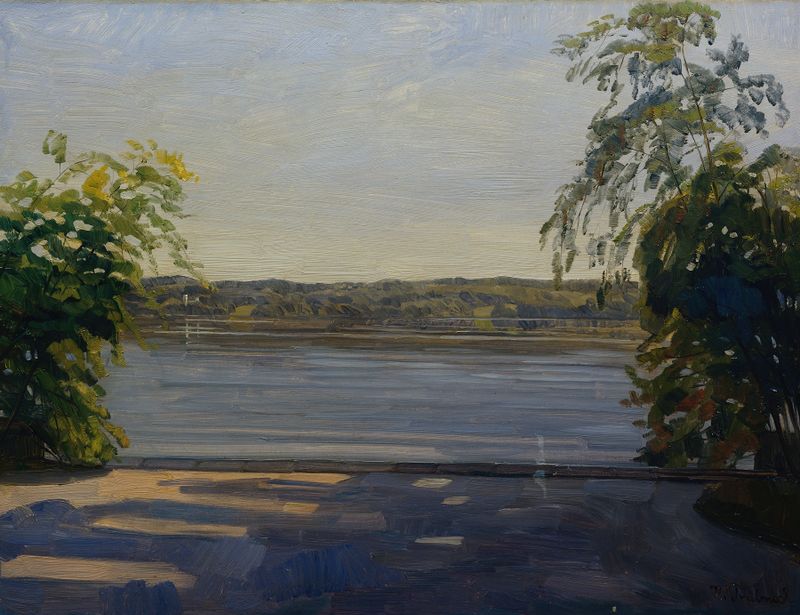 Pintura a óleo de Wilhelm Trübner representando águas tranquilas do lago e luz dourada.