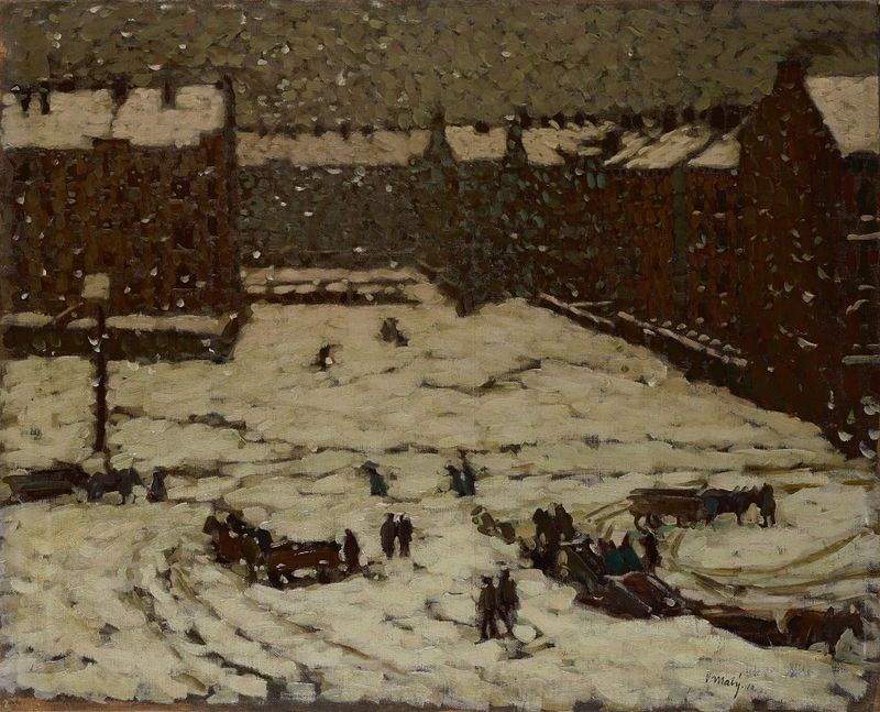 Vorstadt im Schneewetter de Václav Malý, óleo sobre tela, retrata uma paisagem de vila nevada.